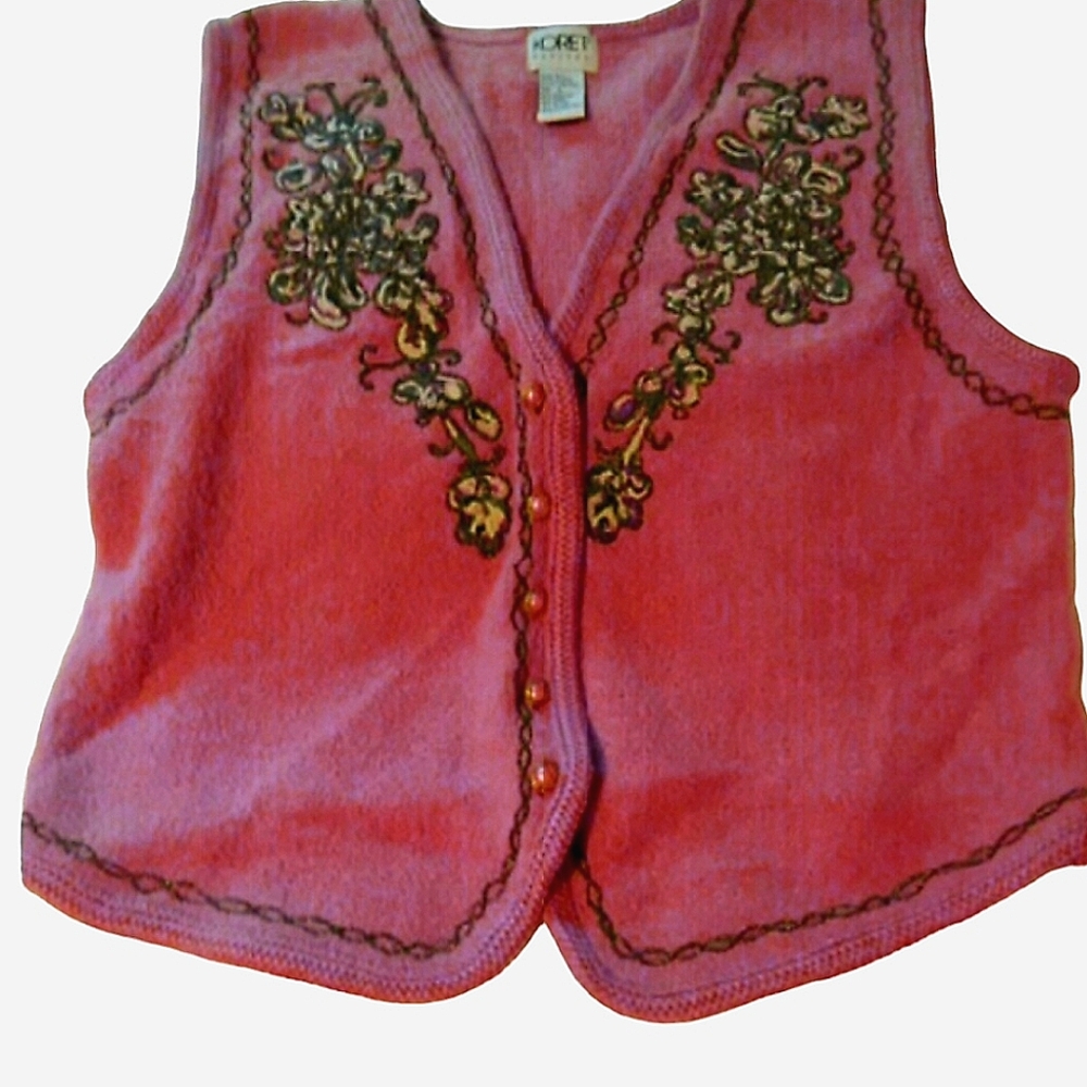Koret Plush Beaded  Enbellished Vest~sz.Lg Rose Pearl Buttons